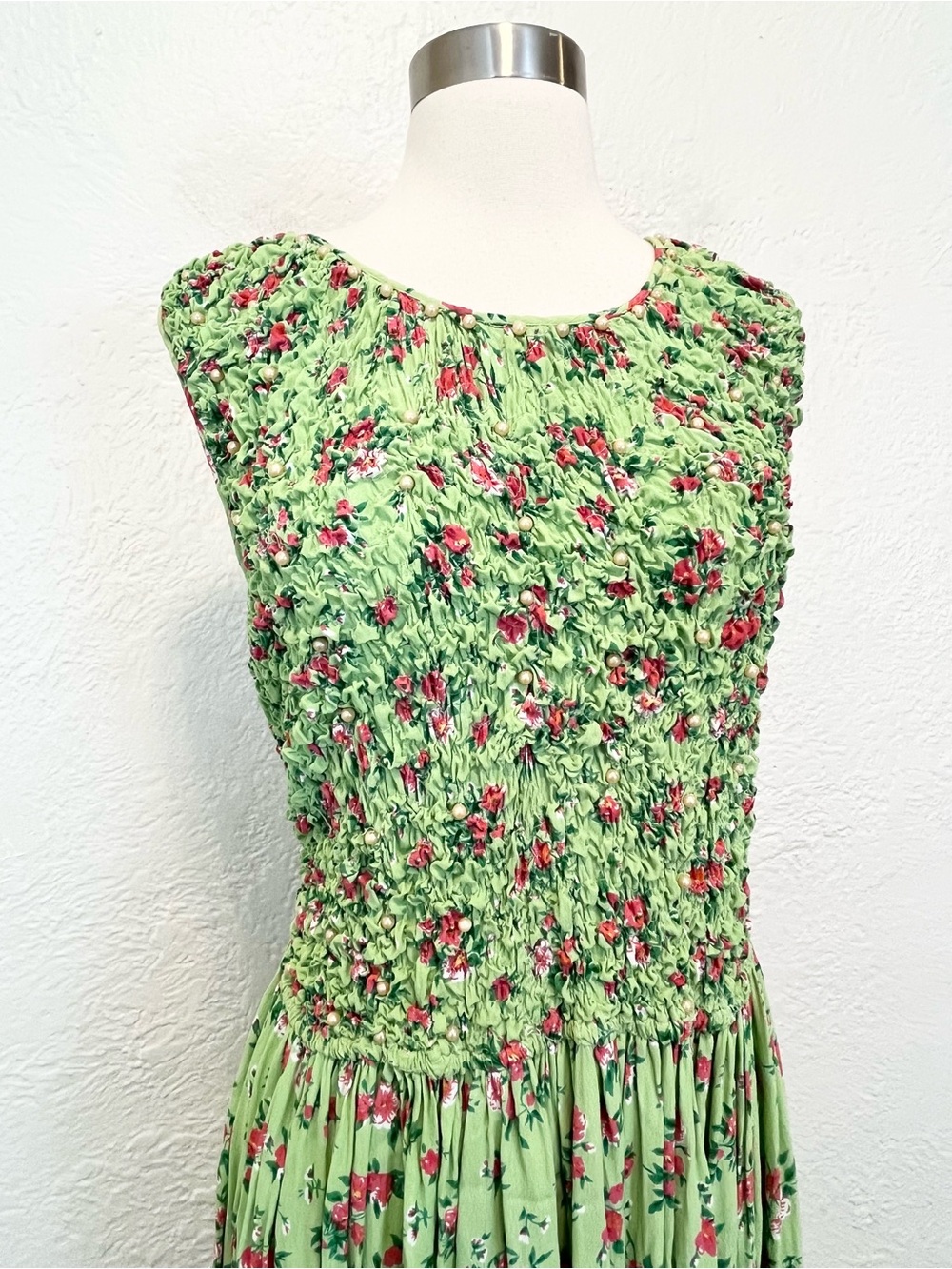 Vintage 90s Y2K Dress Green Pink Floral Beaded Smocked Cottagecore Boho Retro M - Picture 2 of 13